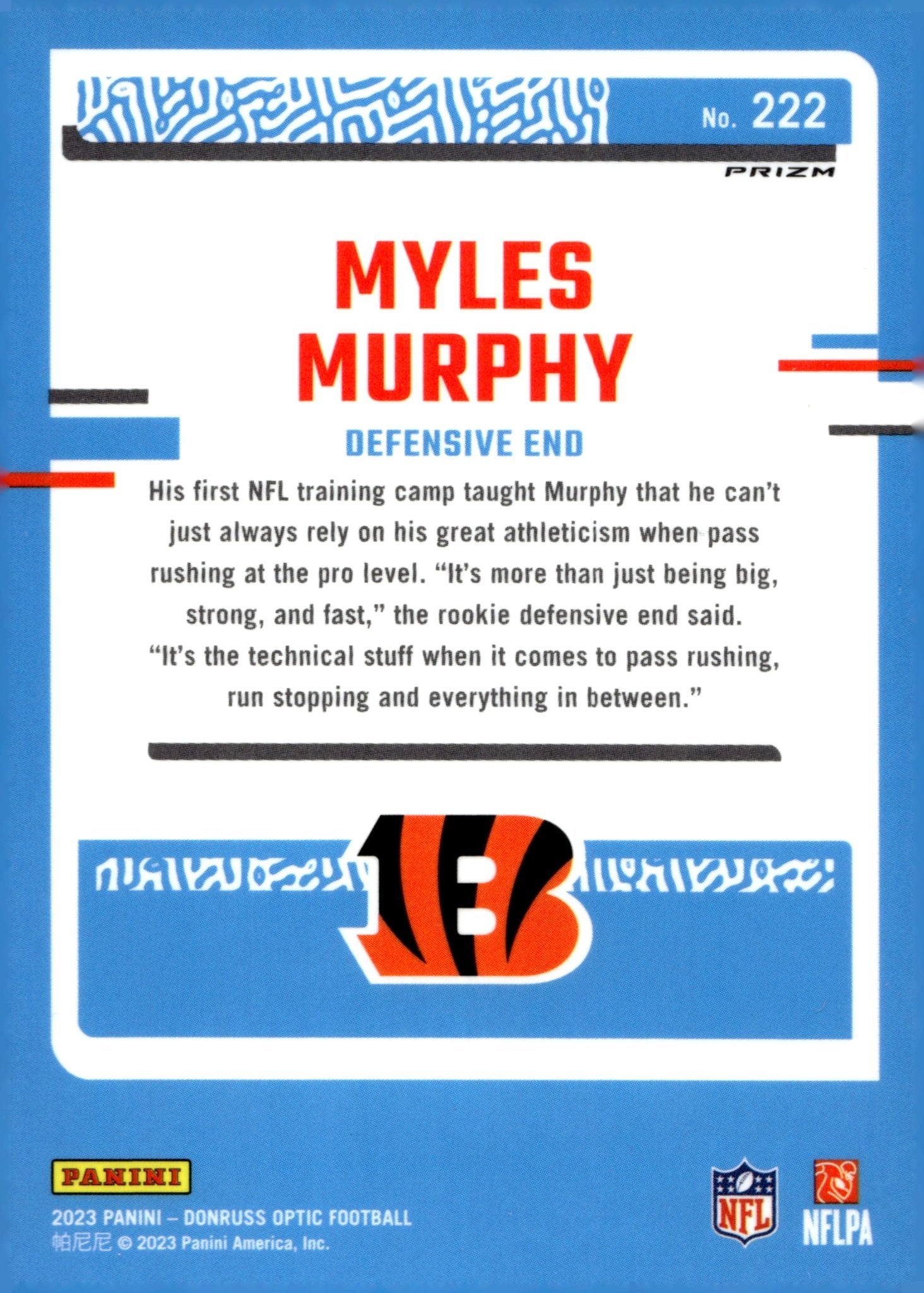 Myles Murphy 2023 Panini Donruss Optic Rated Rookie Prizm RC #222 - Collector Store LLC