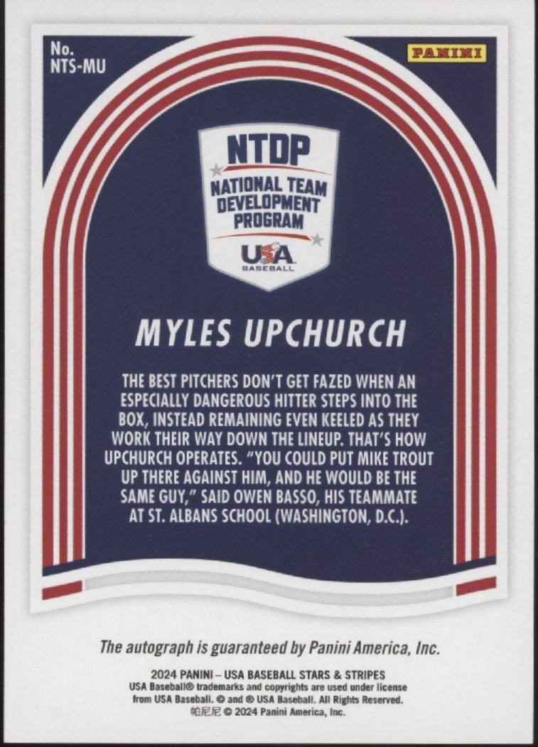 Myles Upchurch 2024 Panini Baseball Stars & Stripes Red Auto 52/65 #NTS - MU - Collector Store LLC