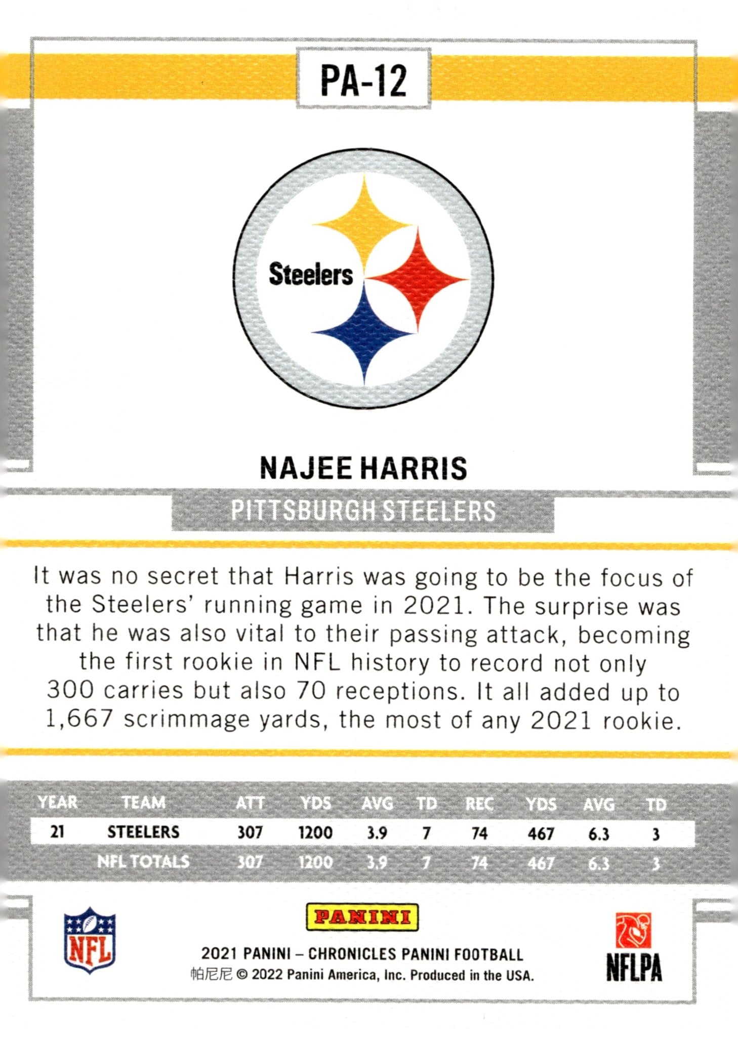 Najee Harris 2021 Panini Chronicles Panini RC #PA - 12 - Collector Store LLC