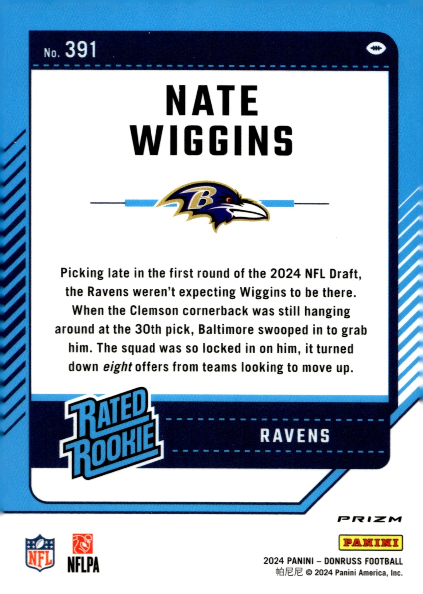 Nate Wiggins 2024 Panini Donruss Rated Rookie Tri Color Prizm RC #391 - Collector Store LLC