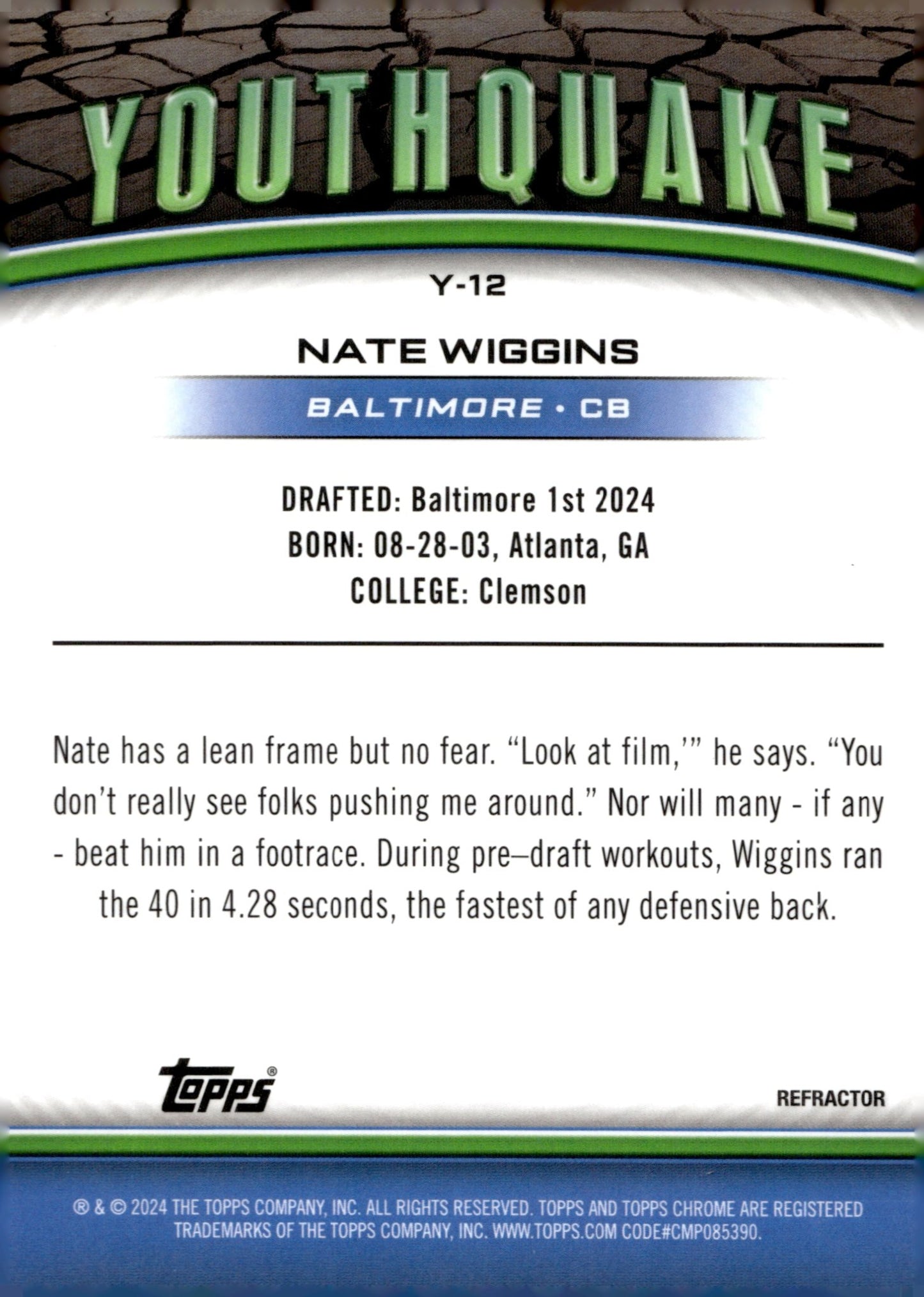 Nate Wiggins 2024 Topps Chrome Youthquake Refractor RC #Y - 12 - Collector Store LLC