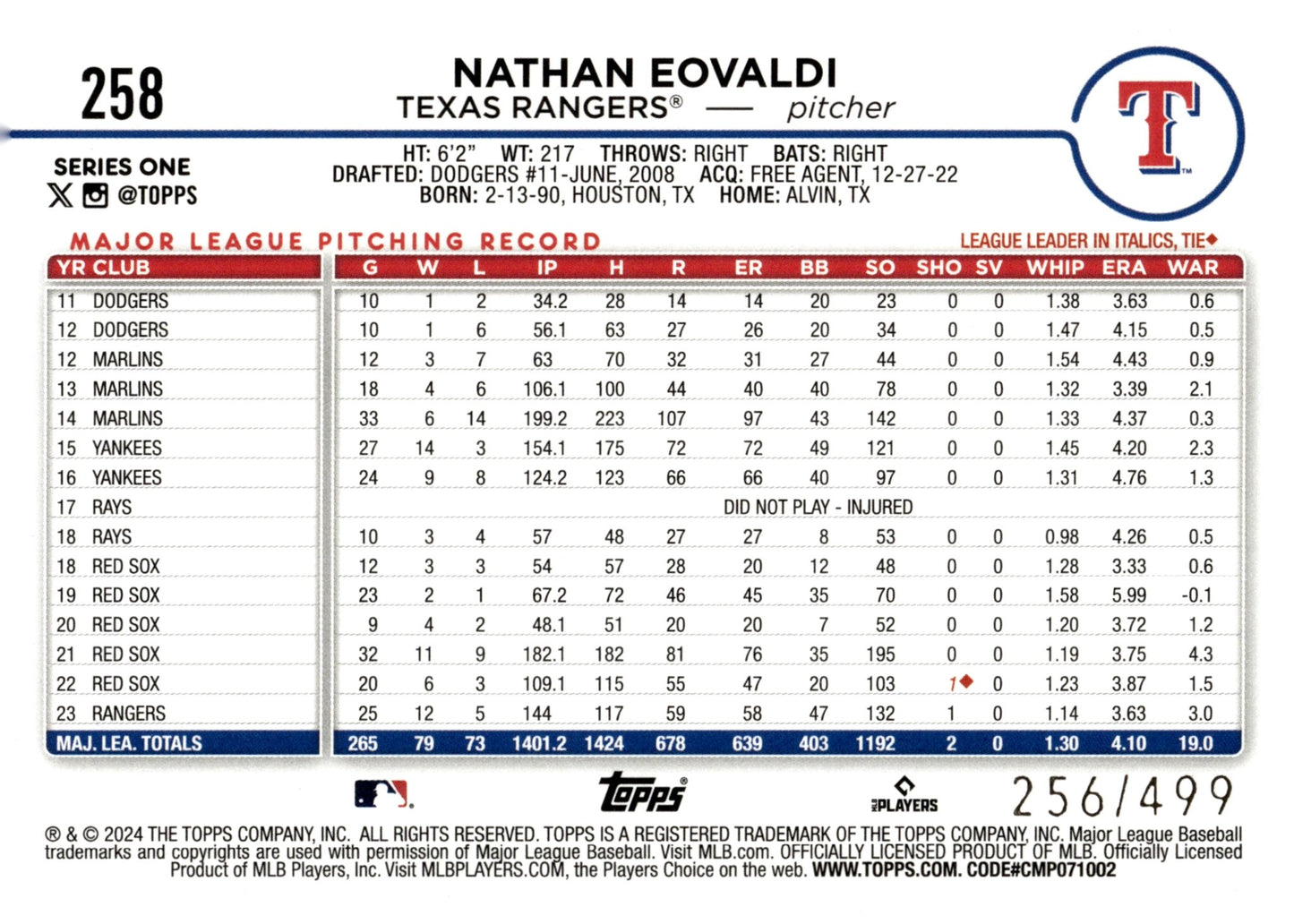 Nathan Eovaldi 2024 Topps Series 1 Green Foilboard 256/499 #258 - Collector Store LLC