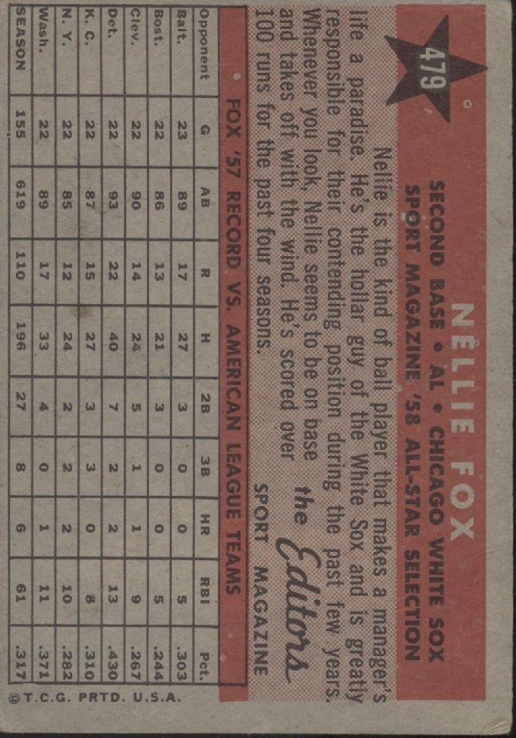 Nellie Fox 1958 Topps #479 Chicago White Sox VG - EX - Collector Store LLC