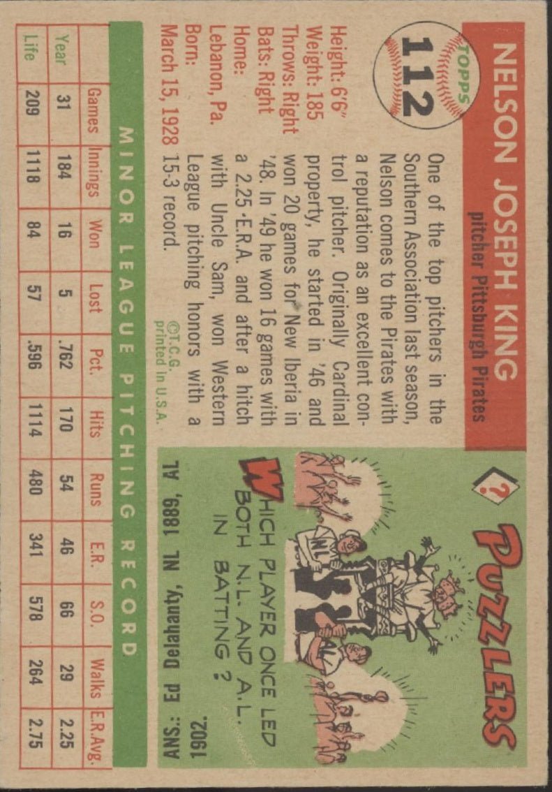 Nelson King 1955 Topps #112 Pittsburgh Pirates EX #2 - Collector Store LLC
