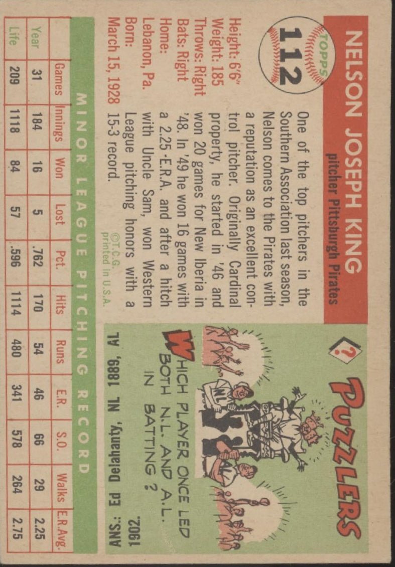 Nelson King 1955 Topps #112 Pittsburgh Pirates EX #3 - Collector Store LLC