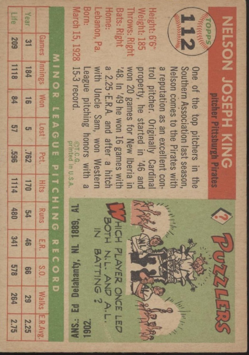 Nelson King 1955 Topps #112 Pittsburgh Pirates VG - EX - Collector Store LLC