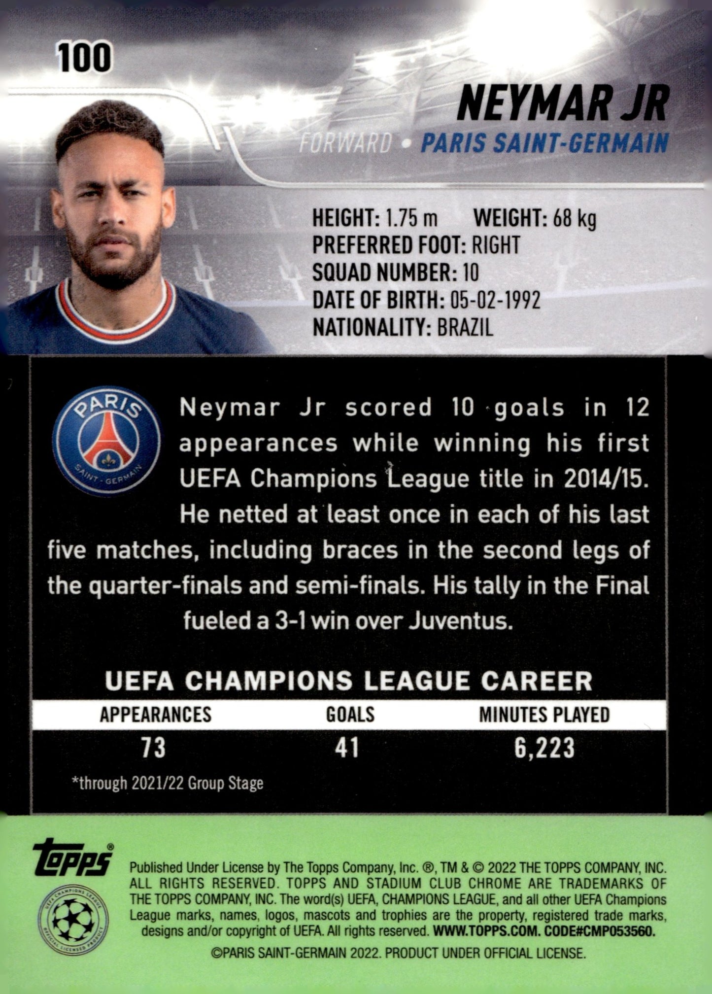 Neymar Jr. 2022 - 23 Topps Stadium Club Chrome UEFA Champions League #100 - Collector Store LLC