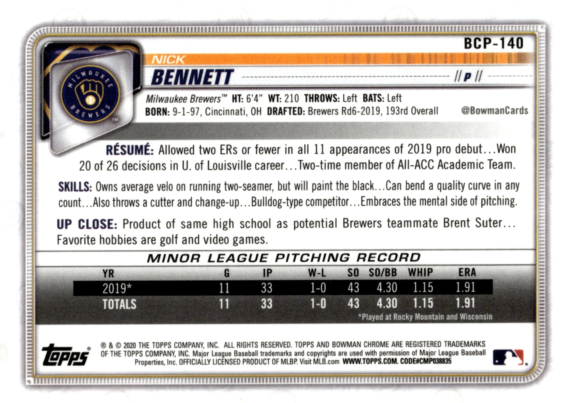 Nick Bennett 2020 Bowman Chrome Mojo Refractor #BCP - 140 - Collector Store LLC