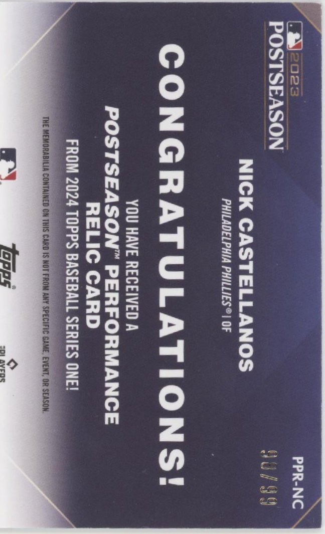 Nick Castellanos 2024 Topps Series 1 Post Season Performance Swatch 98/99 - Collector Store LLC