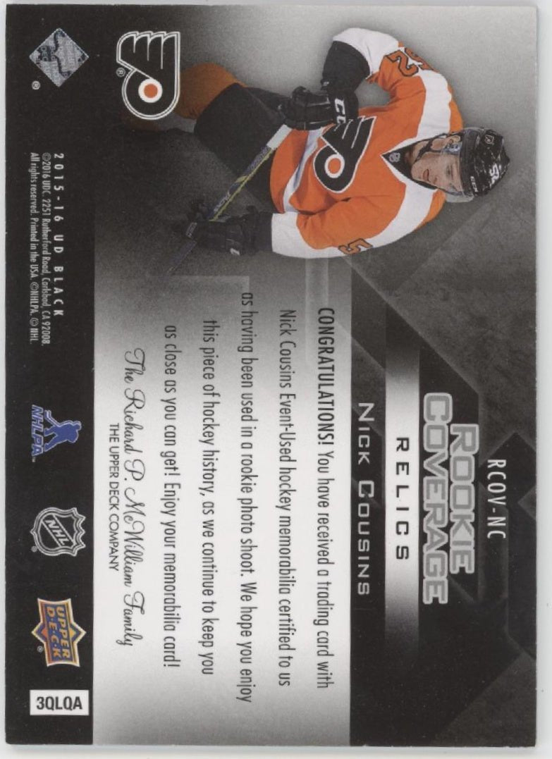 Nick Cousins 2015 - 16 Upper Deck Black Rookie Coverage Swatch RCOV - NC - Collector Store LLC
