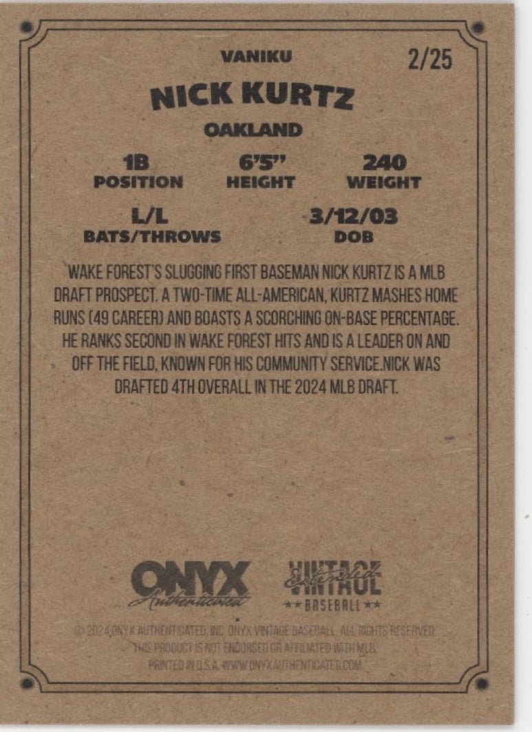 Nick Kurtz 2024 Onyx Vintage Extended RC Auto 2/25 - Collector Store LLC