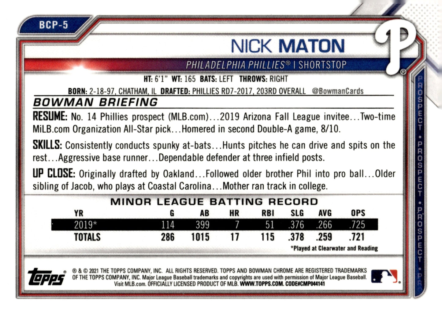 Nick Maton 2021 Bowman Chrome Prospect #BCP - 5 - Collector Store LLC
