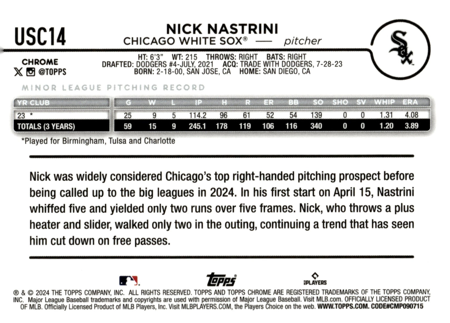 Nick Nastrini 2024 Topps Chrome Green Wave Refractor RC 19/99 #USC14 - Collector Store LLC