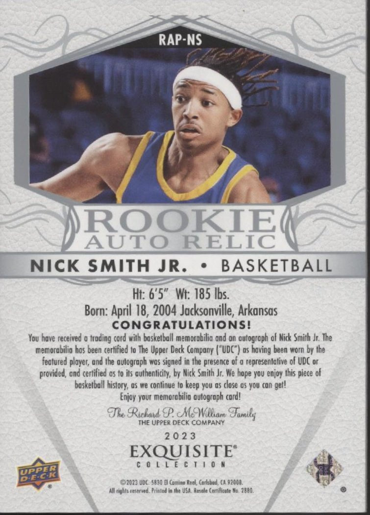 Nick Smith Jr. 2023 Upper Deck Exquisite Collection Swatch RC Auto 63/99 #RAP - NS - Collector Store LLC