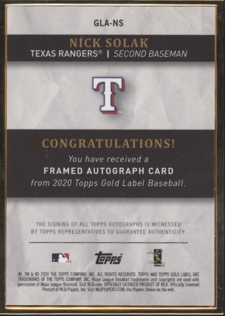 Nick Solak 2020 Topps Gold Label Framed RC Auto 16/50 #GLA - NS - Collector Store LLC