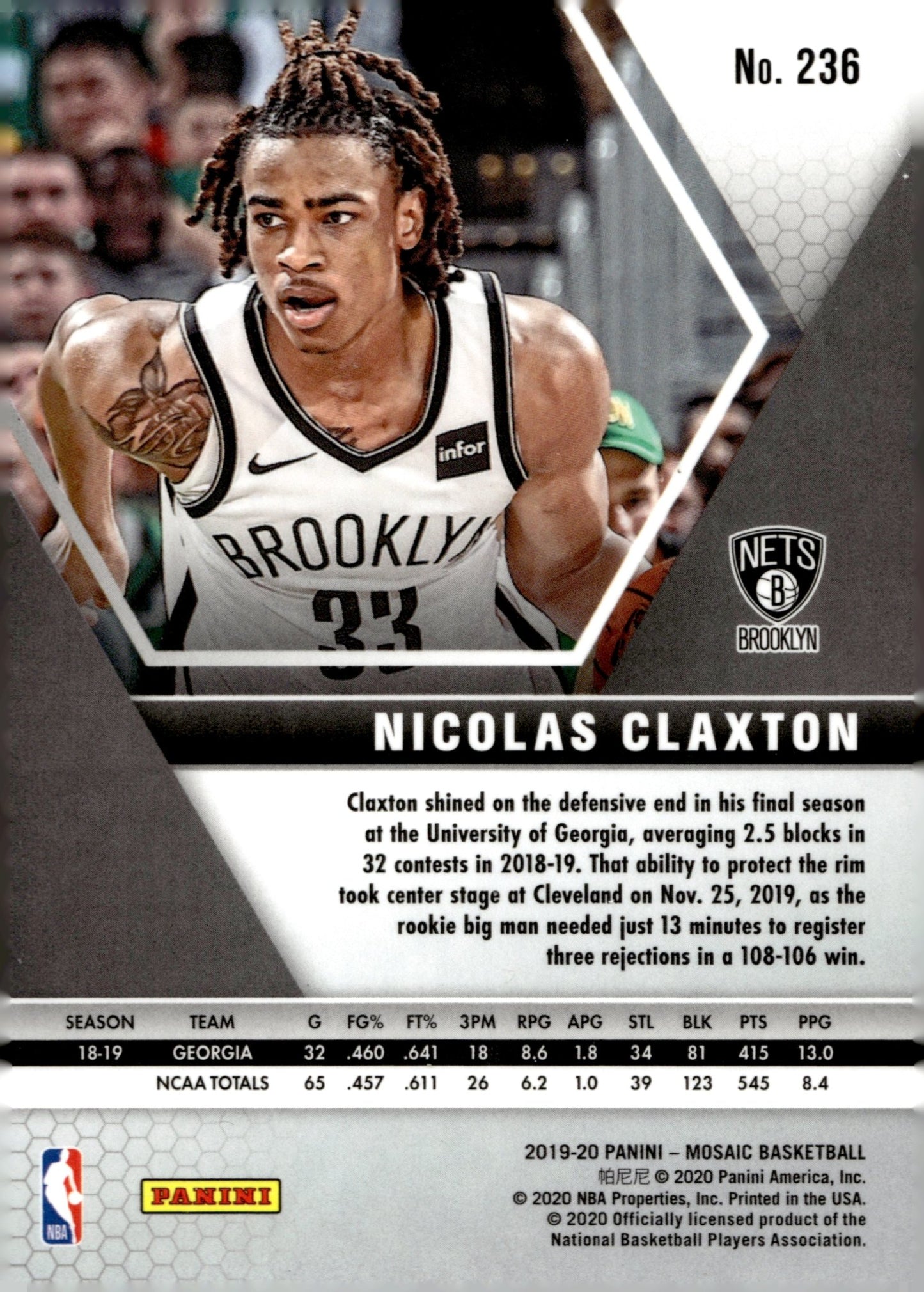 Nicolas Claxton 2019 - 20 Panini Mosaic RC #236 #1 - Collector Store LLC