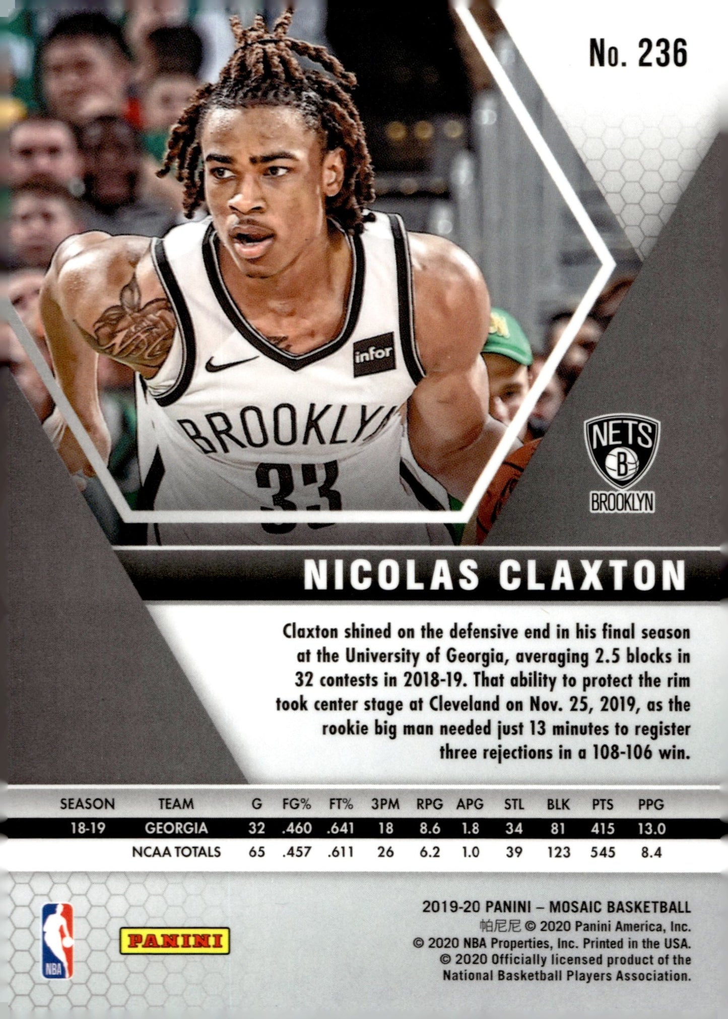Nicolas Claxton 2019 - 20 Panini Mosaic RC #236 #2 - Collector Store LLC