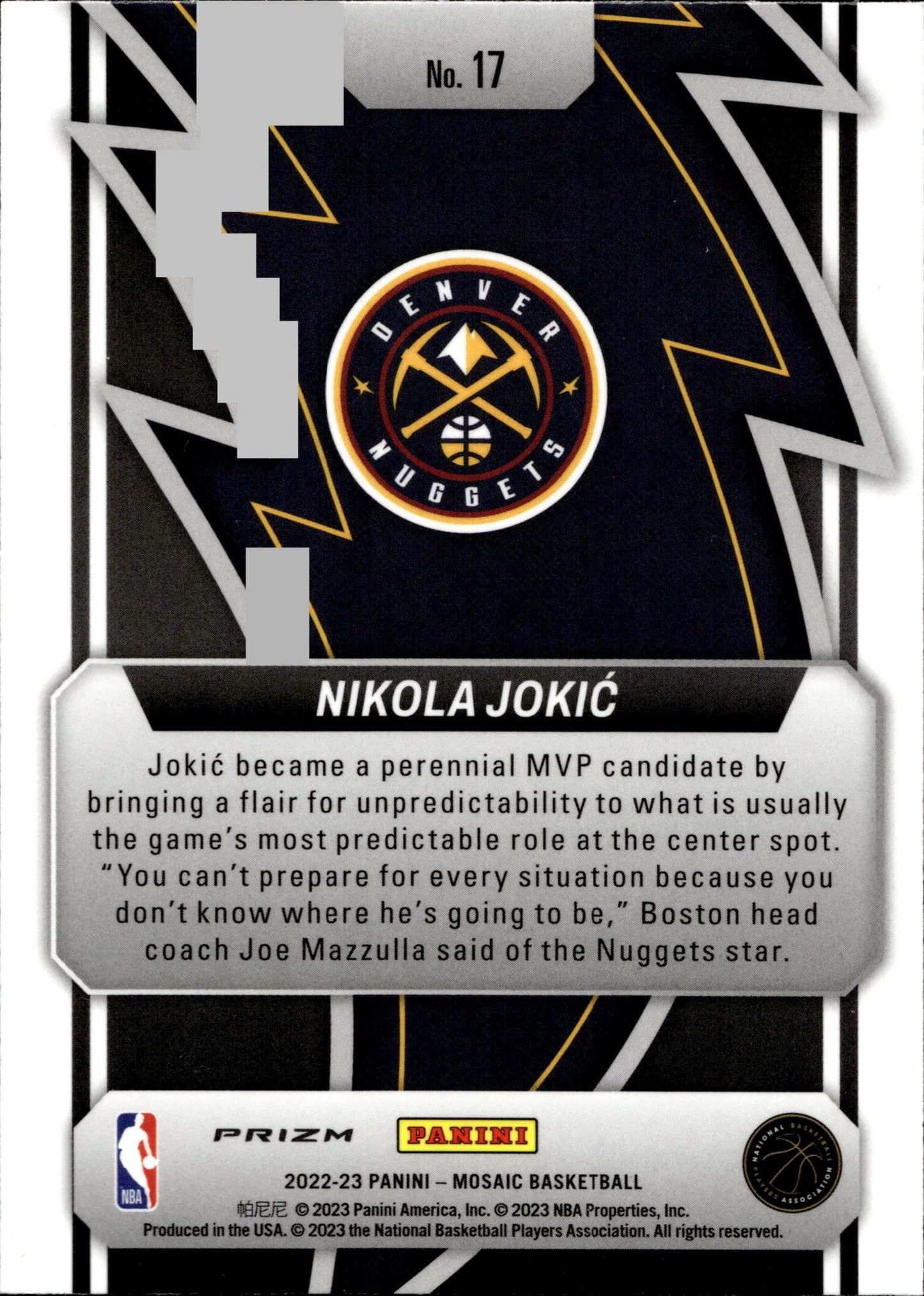 Nikola Jokic 2022 - 23 Panini Mosaic Thunder Road Green Prizm #17 - Collector Store LLC