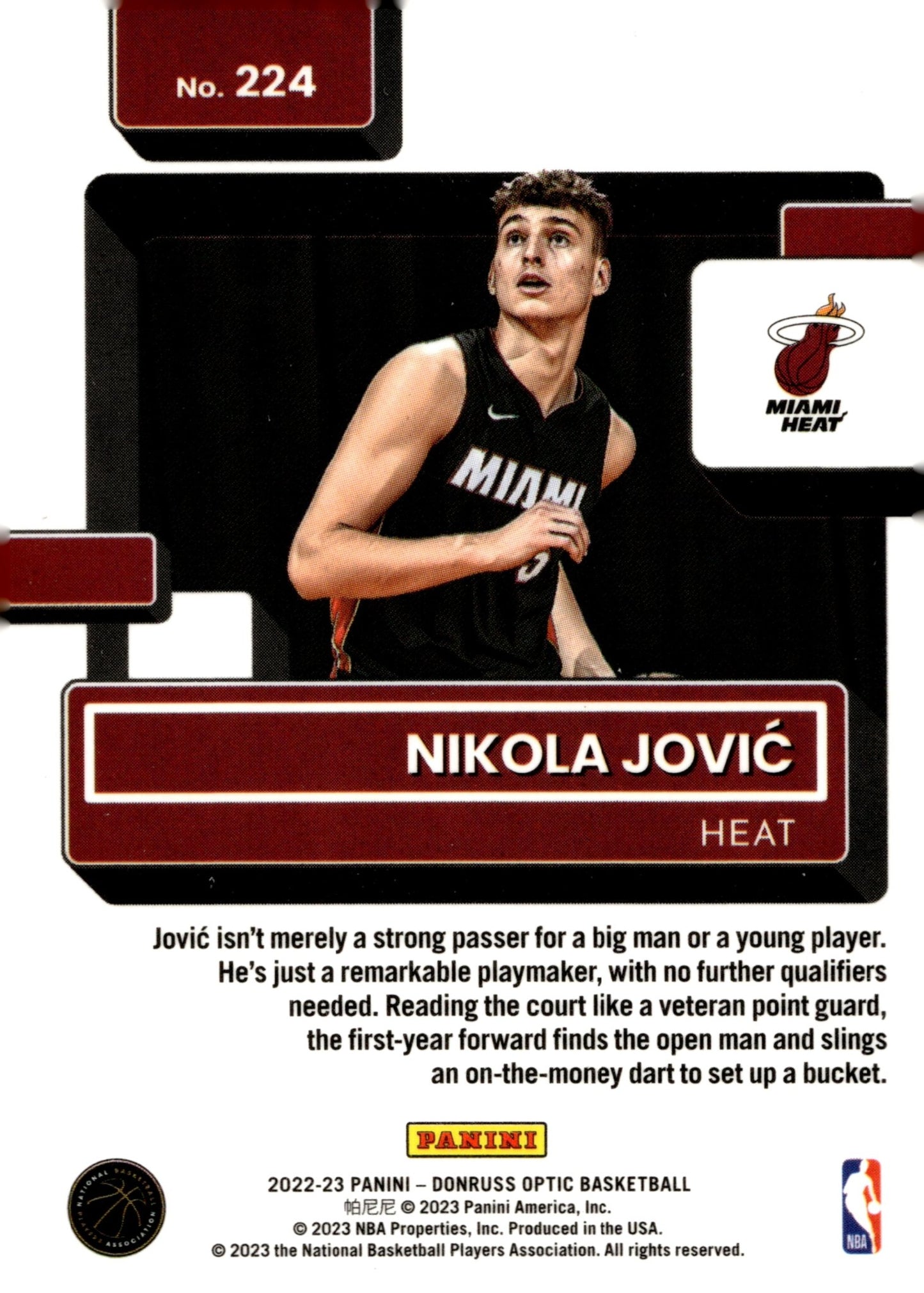 Nikola Jovic 2022 - 23 Panini Donruss Optic Rated Rookie RC #224 - Collector Store LLC