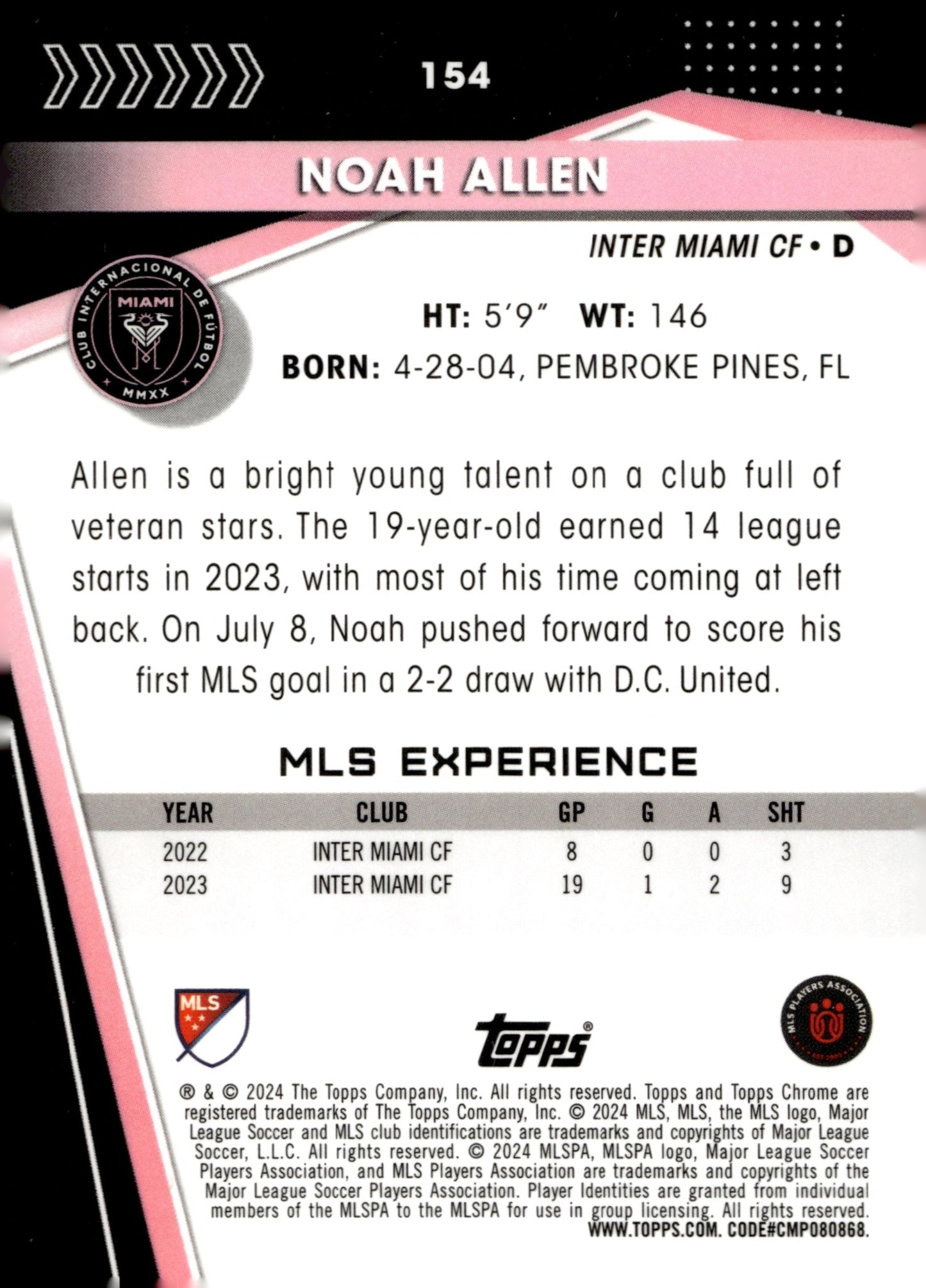 Noah Allen 2024 Topps Chrome MLS #154 - Collector Store LLC