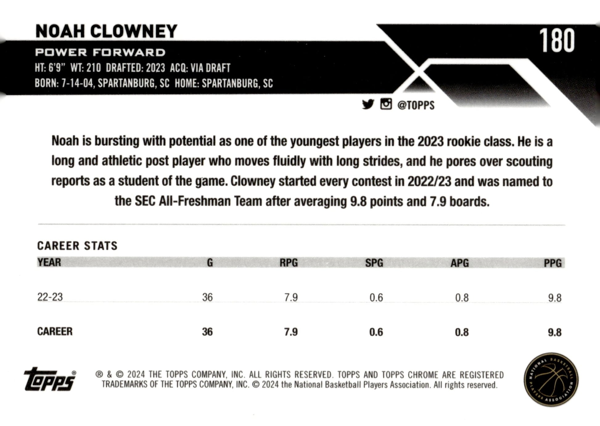 Noah Clowney 2024 Topps Chrome #180 - Collector Store LLC