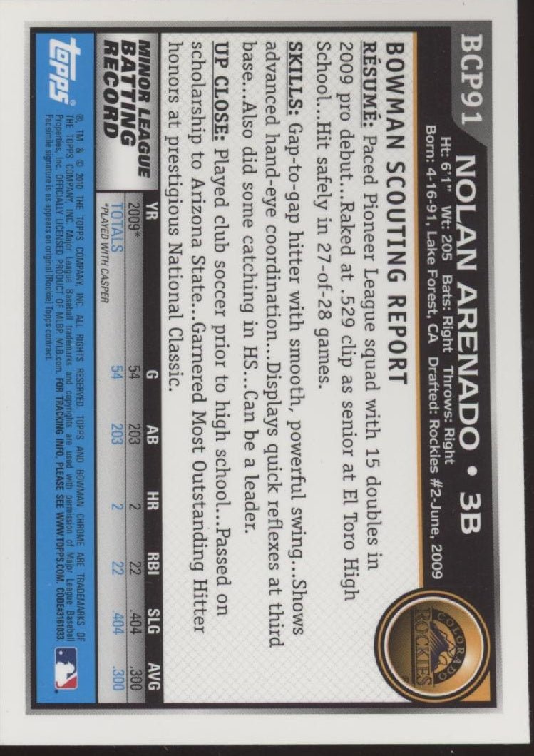 Nolan Arenado 2010 Bowman Chrome #BCP91 #2 - Collector Store LLC