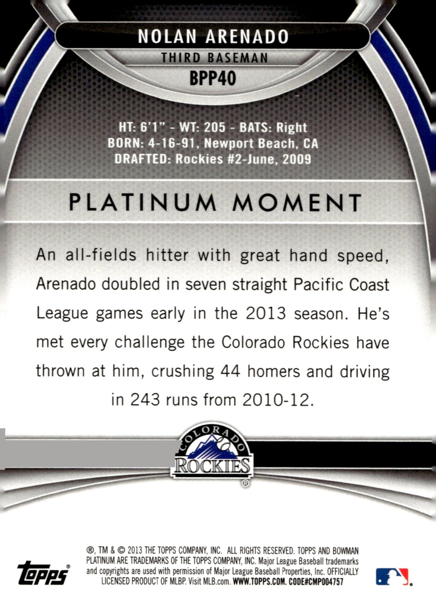 Nolan Arenado 2013 Bowman Platinum Refractor #BPP40 - Collector Store LLC