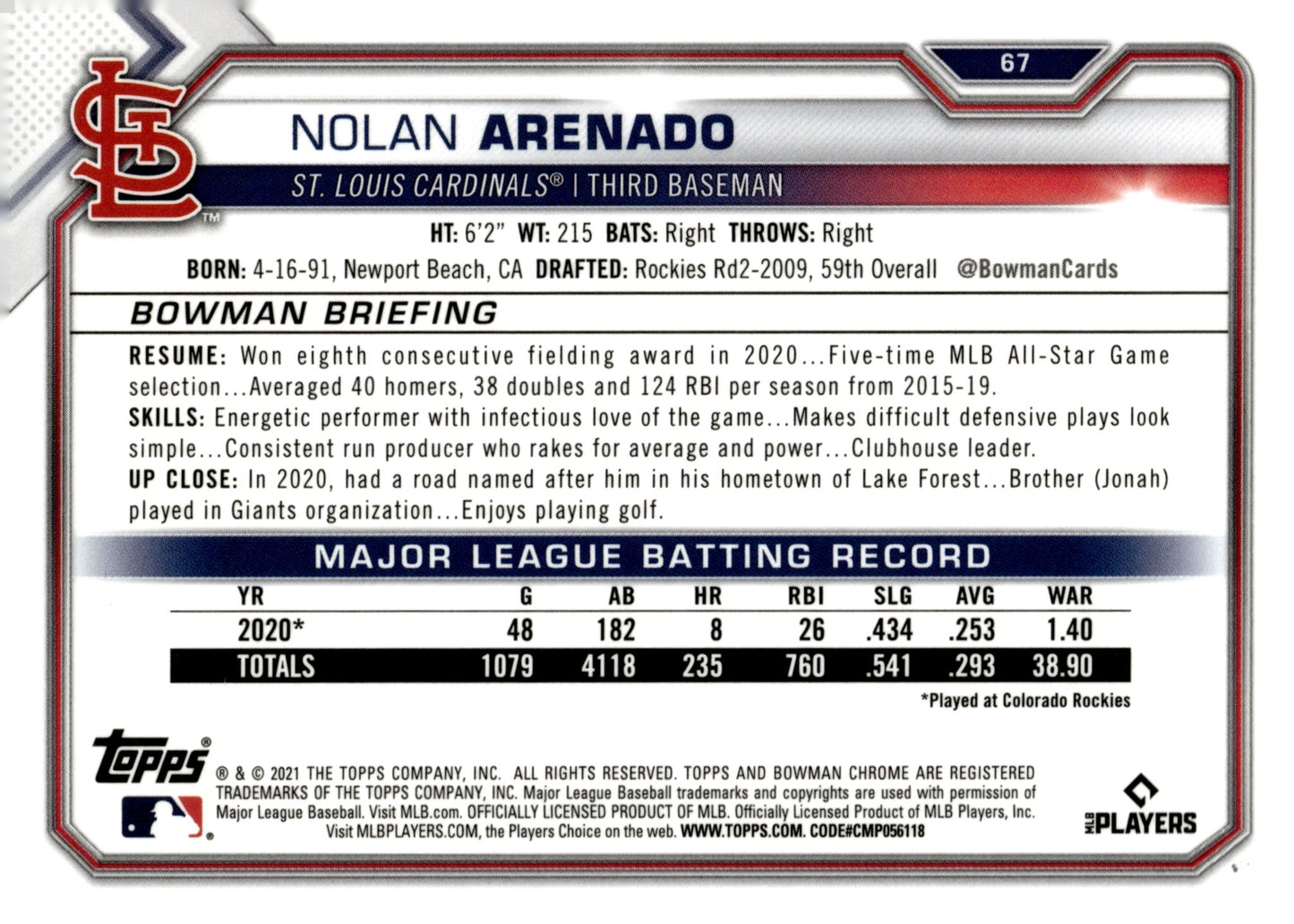 Nolan Arenado 2021 Bowman Chrome Veterans Blue Ice Refractor #67 - Collector Store LLC