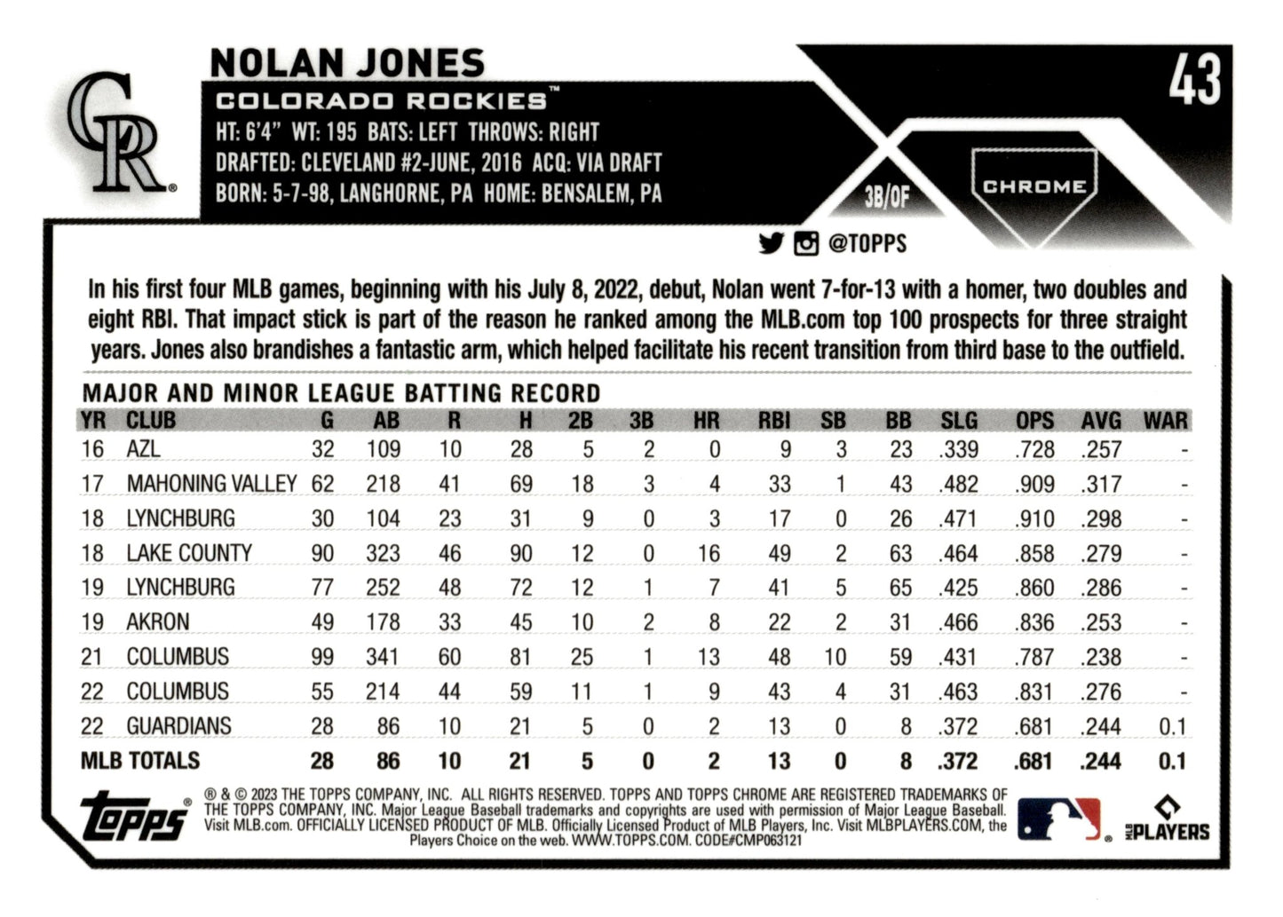 Nolan Jones 2023 Topps Chrome Sepia Refractor RC #43 - Collector Store LLC