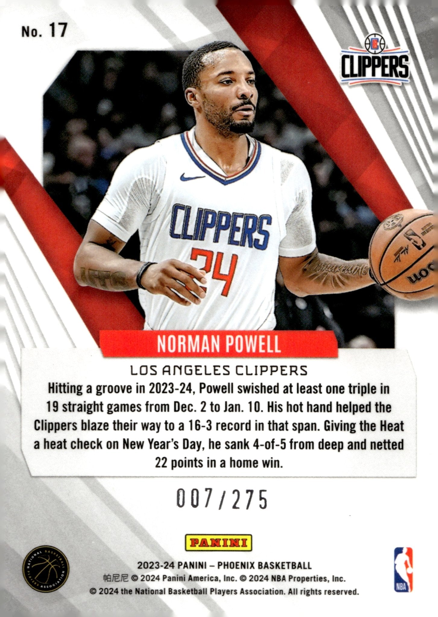 Norman Powell 2023 - 24 Panini Phoenix Maroon Ice Refractor 007/275 #17 - Collector Store LLC