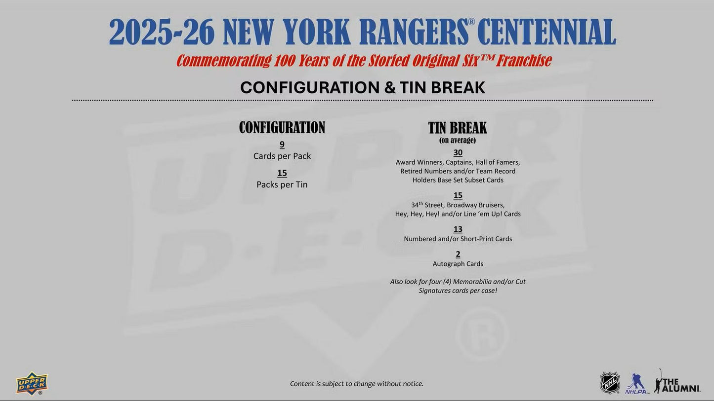 2025-26 Upper Deck New York Rangers Centennial Hobby Box *Contact Us To Order*