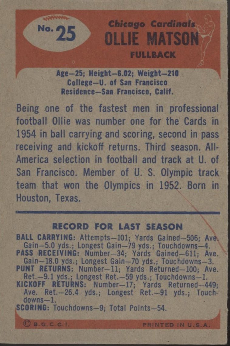 Ollie Matson 1955 Bowman #25 Chicago Cardinals EX - Collector Store LLC
