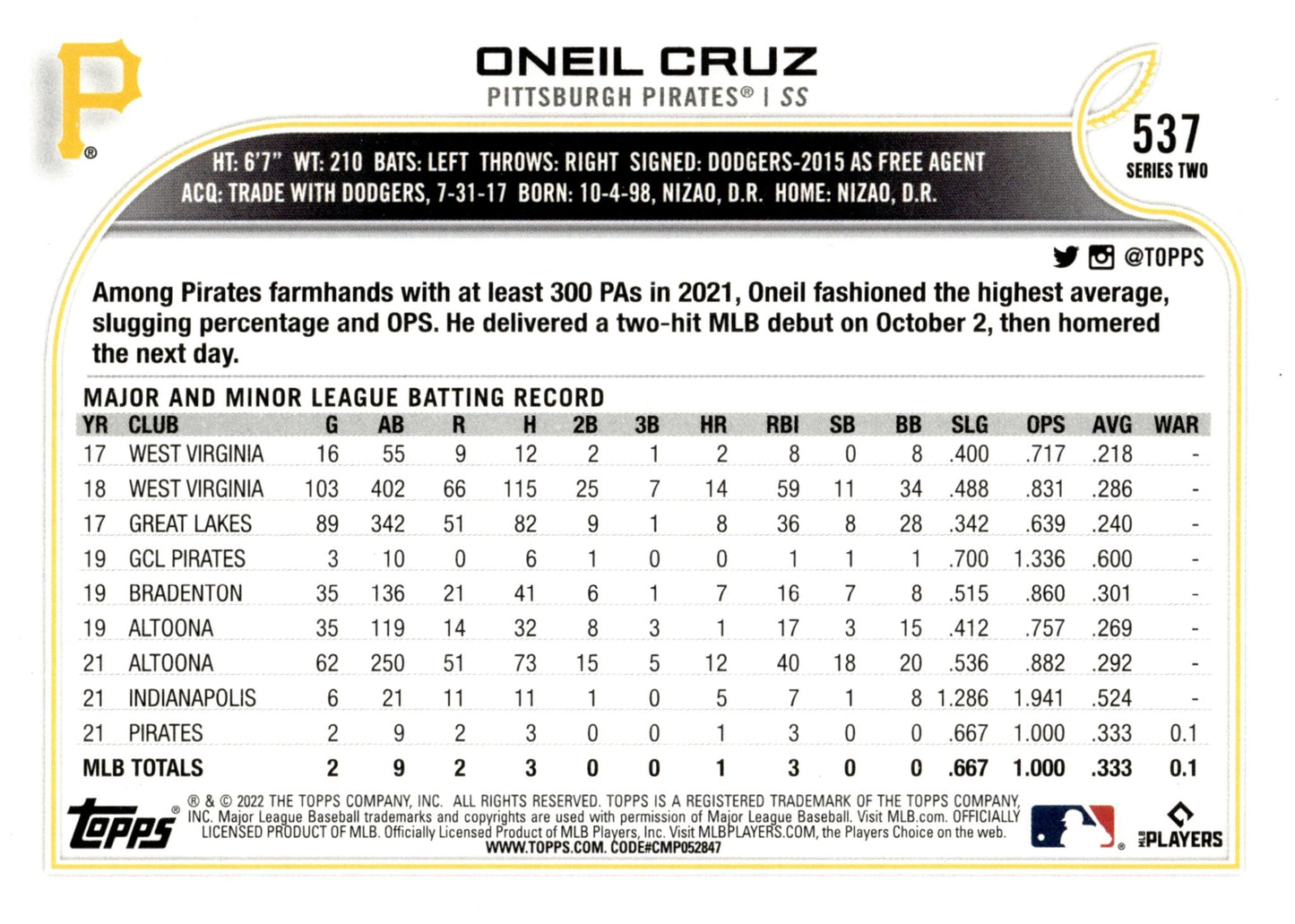 Oneil Cruz 2022 Topps Series 2 RC #537 - Collector Store LLC