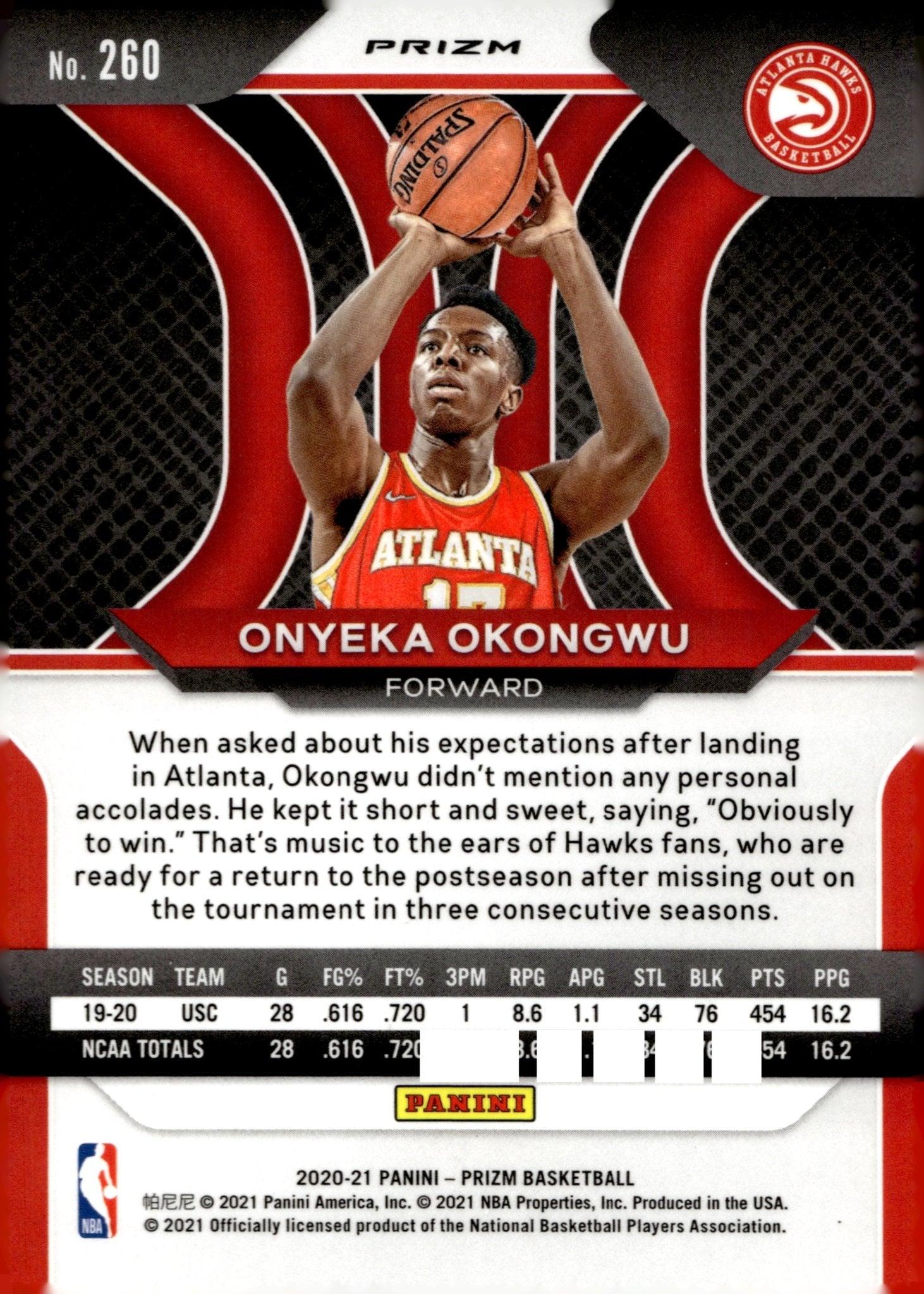 Onyeka Okongwu 2020 - 21 Panini Prizm Orange Ice Prizm RC #260 - Collector Store LLC