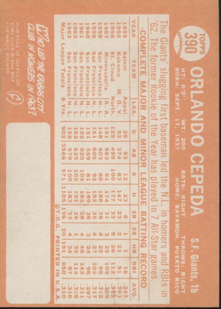 Orlando Cepeda 1964 Topps #390 San Francisco Giants EX - Collector Store LLC