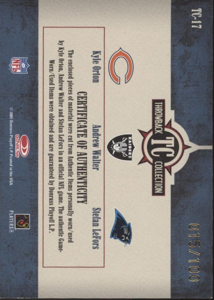 Orton / Walter / LeFors 2005 Donruss Throwback Threads Swatches 015/100 #TC - 17 - Collector Store LLC