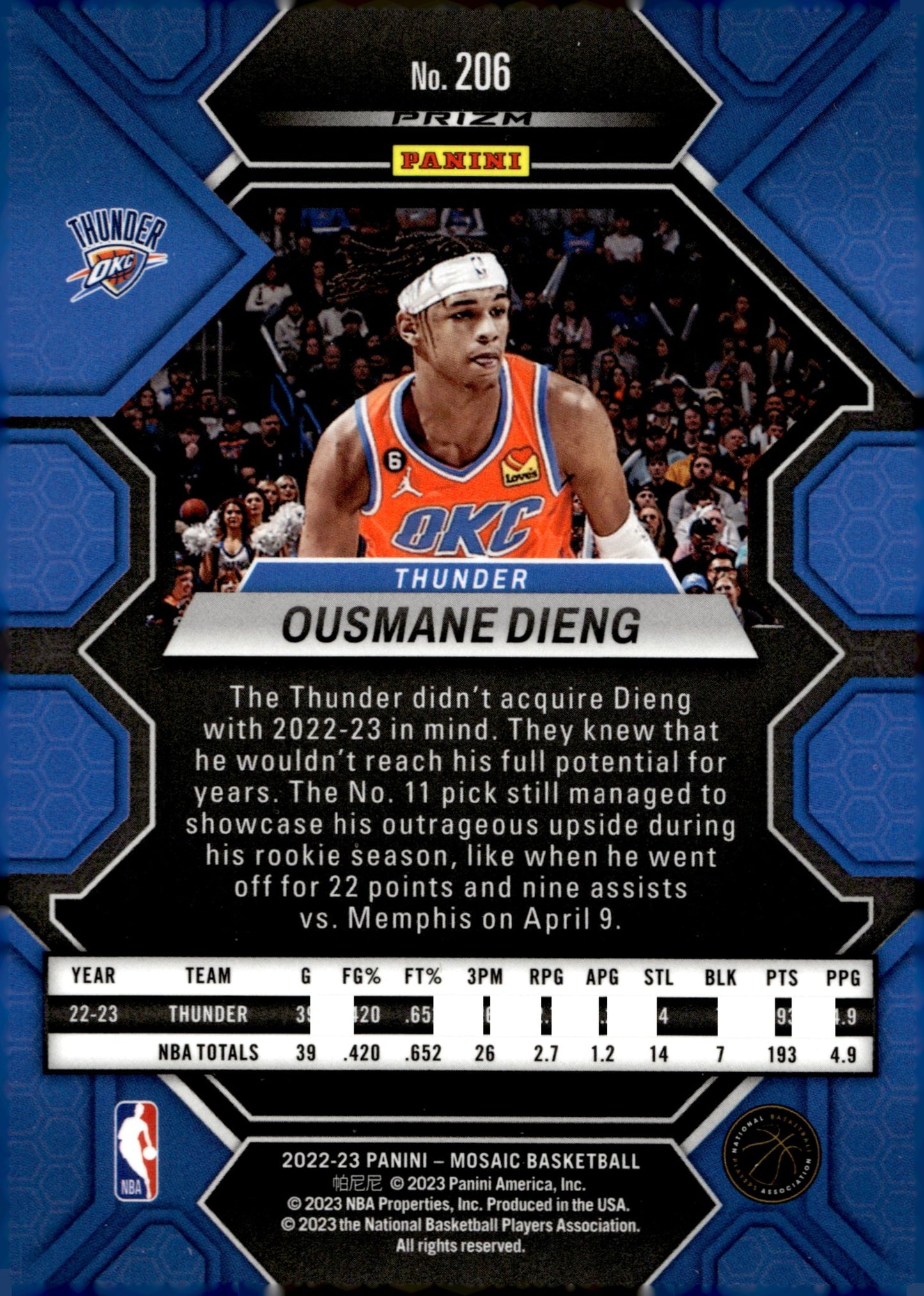 Ousmane Dieng 2022 - 23 Panini Mosaic Yellow Prizm RC #206 - Collector Store LLC