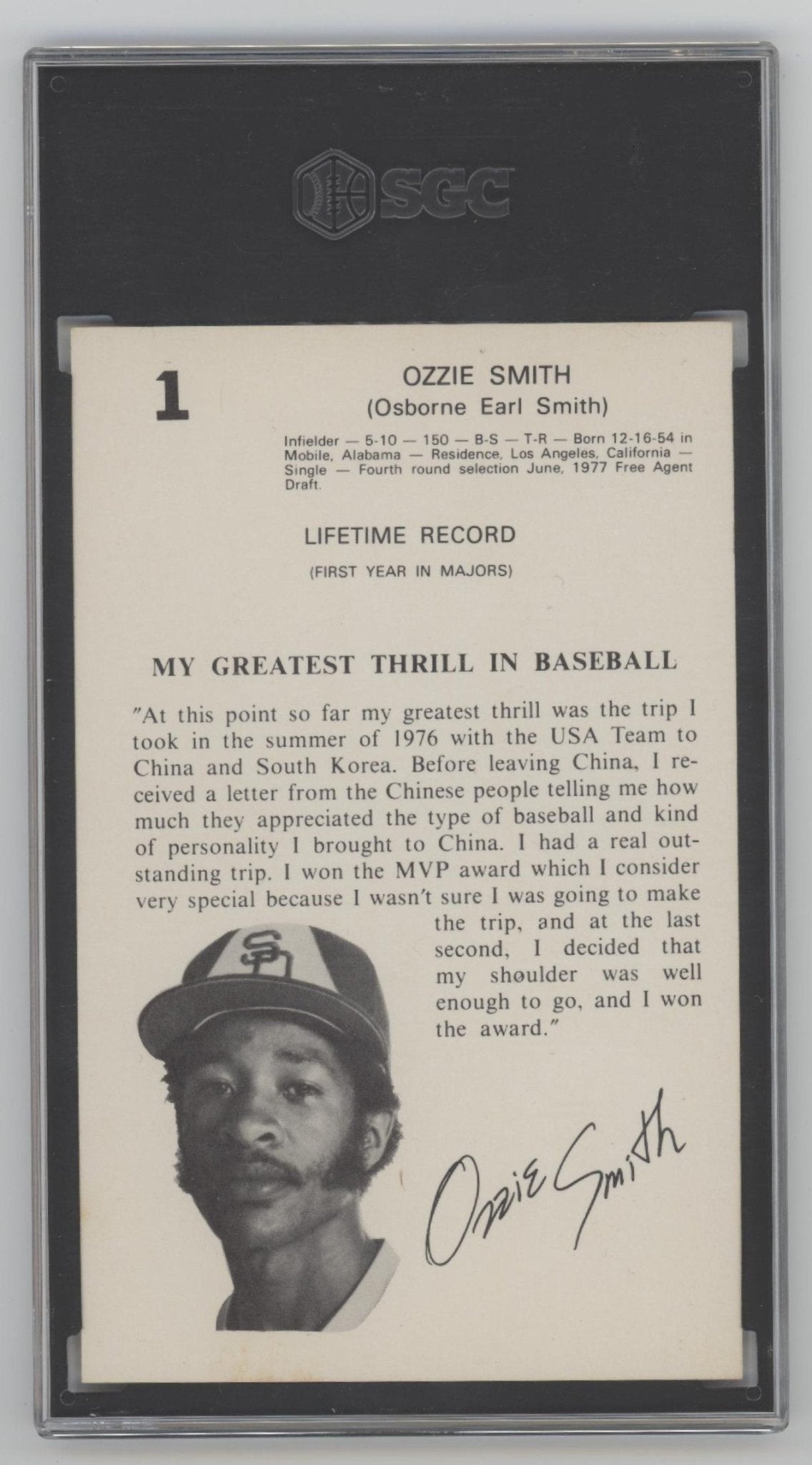 Ozzie Smith 1978 Family Fun Centers Oversized #1 SGC 8.5 - Collector Store LLC