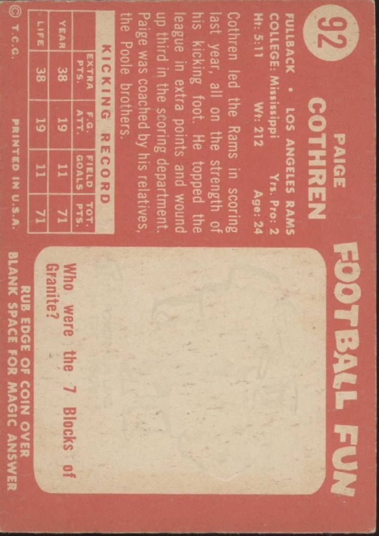 Paige Cothren 1958 Topps RC #92 Los Angeles Rams EX - Collector Store LLC