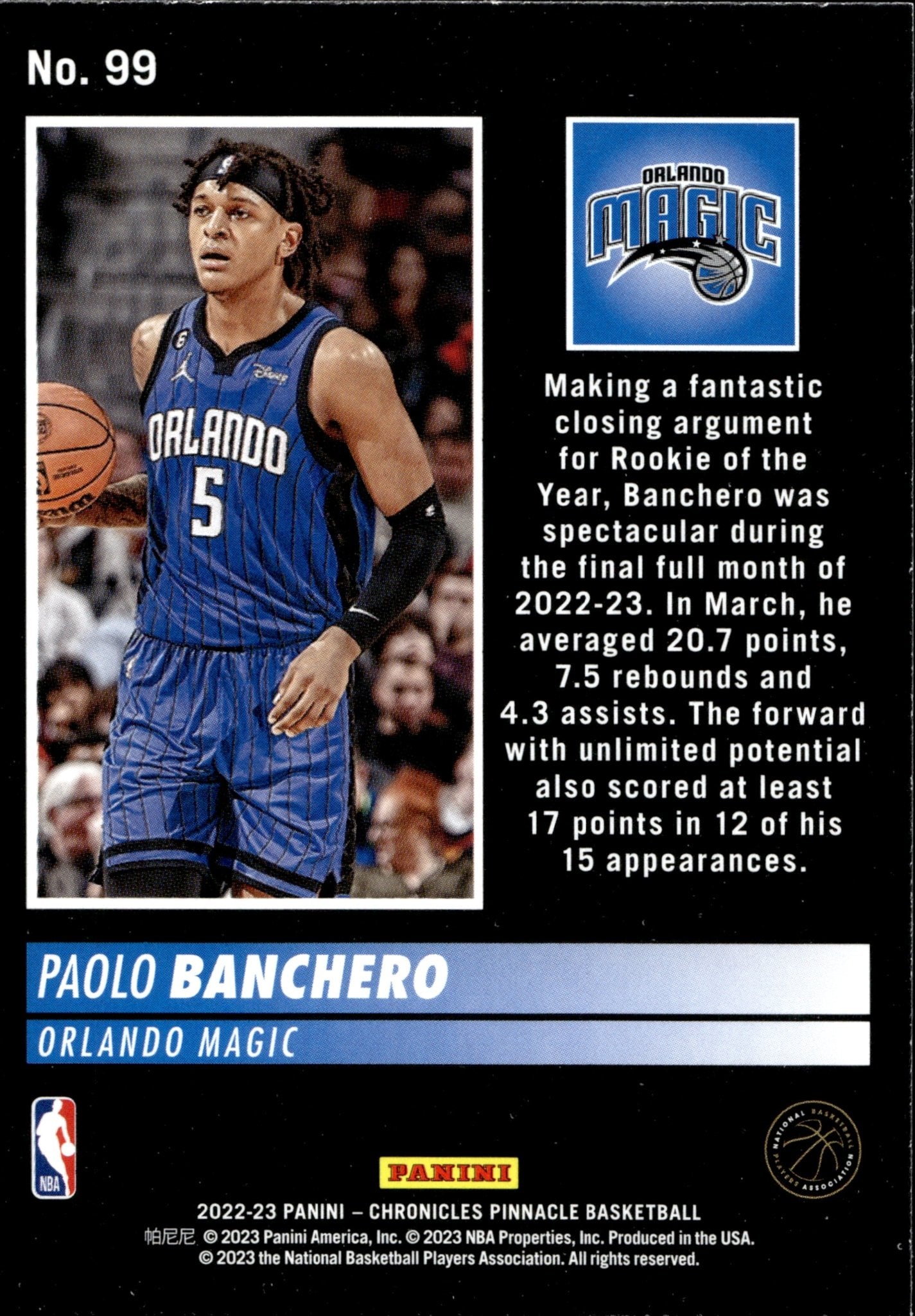 Paolo Banchero 2022 - 23 Panini Chronicles Pinnacle RC #99 - Collector Store LLC