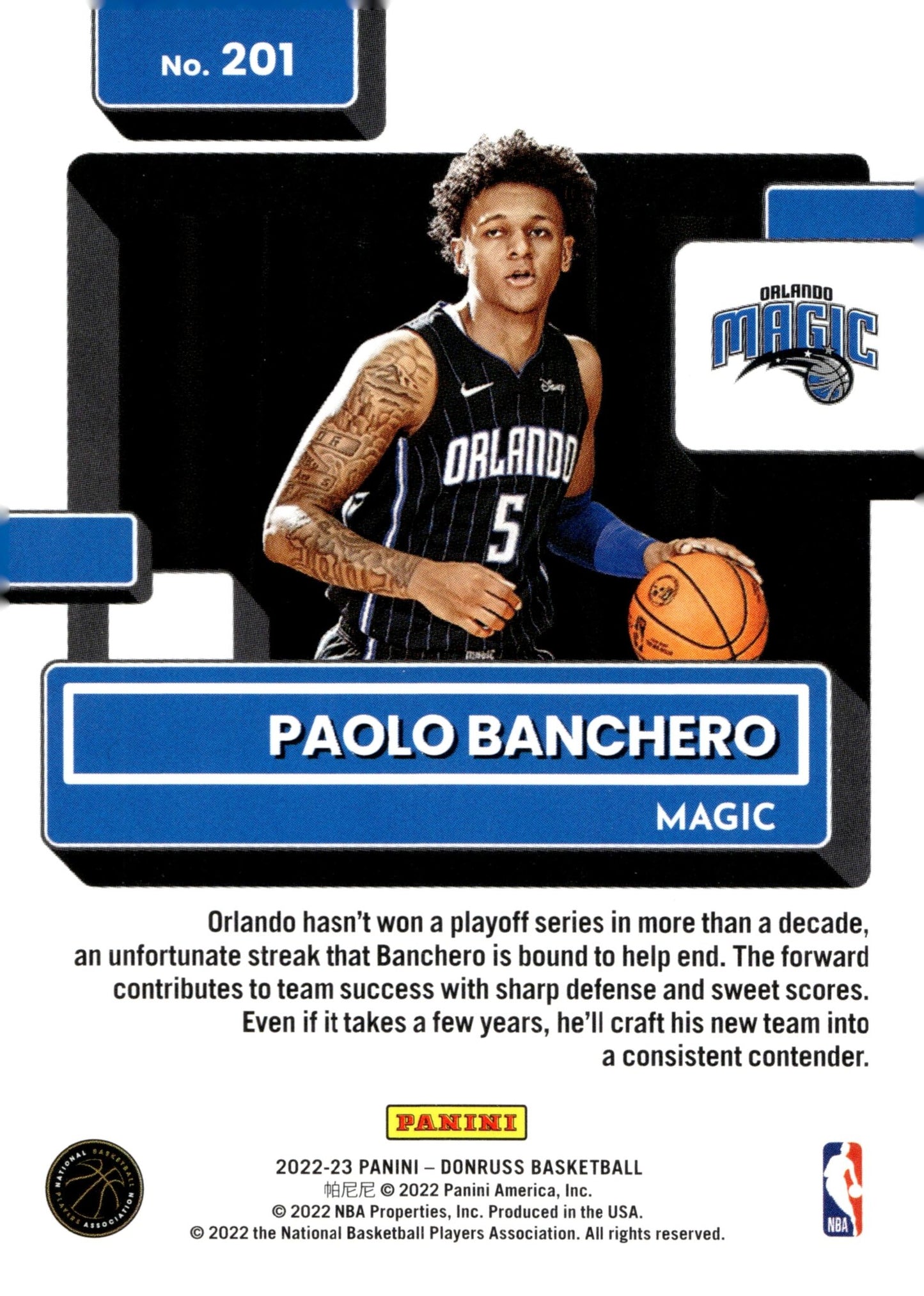 Paolo Banchero 2022 - 23 Panini Donruss Rated Rookie RC #201 - Collector Store LLC