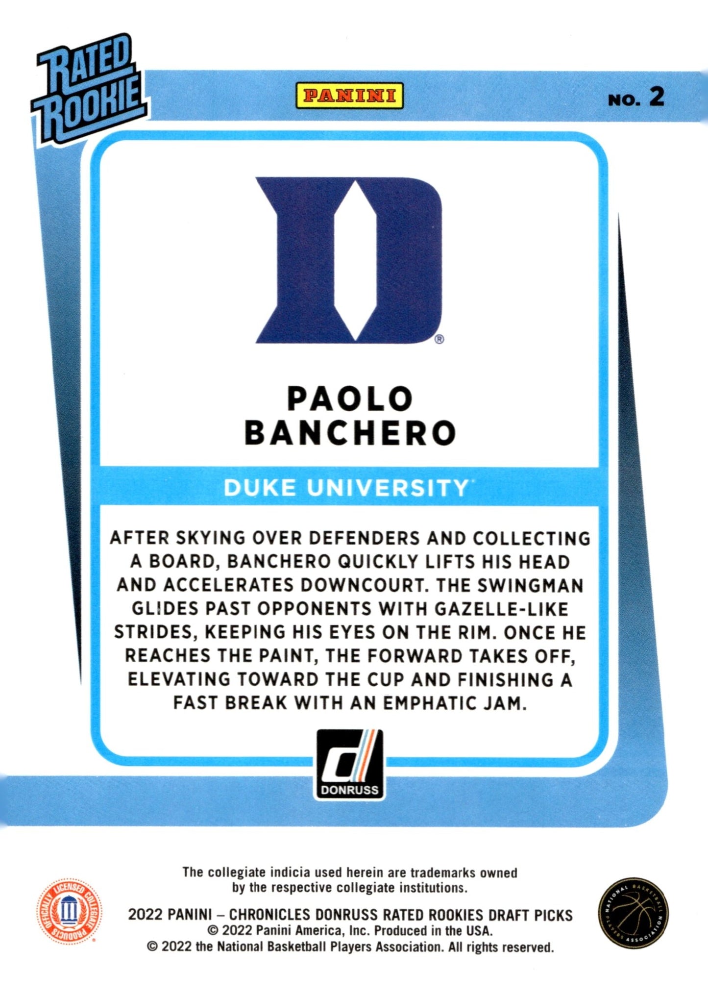 Paolo Banchero 2022 Panini Chronicles Donruss Rated Rookies Draft Picks RC #2 #2 - Collector Store LLC
