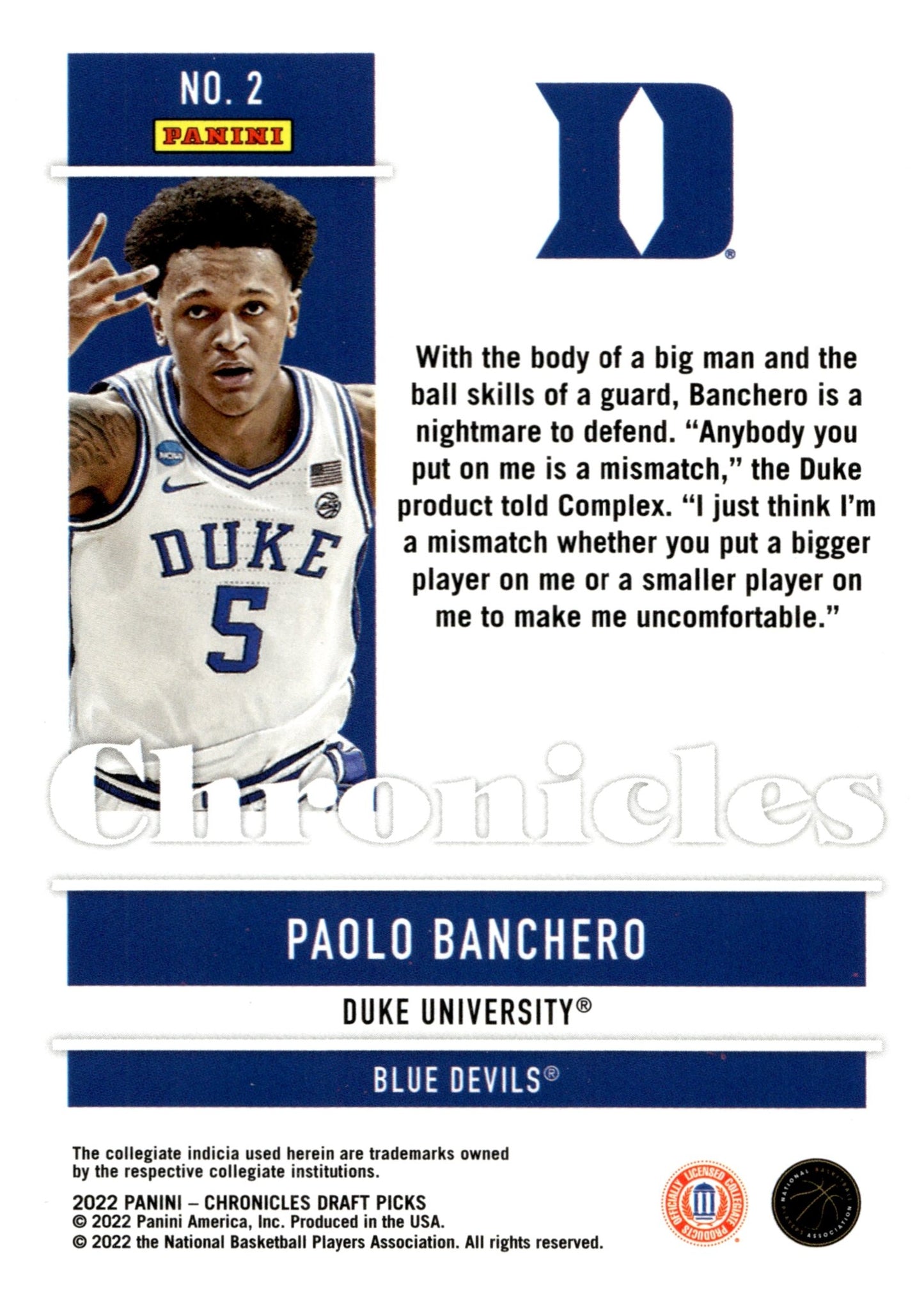 Paolo Banchero 2022 Panini Chronicles Draft Picks RC #2 - Collector Store LLC