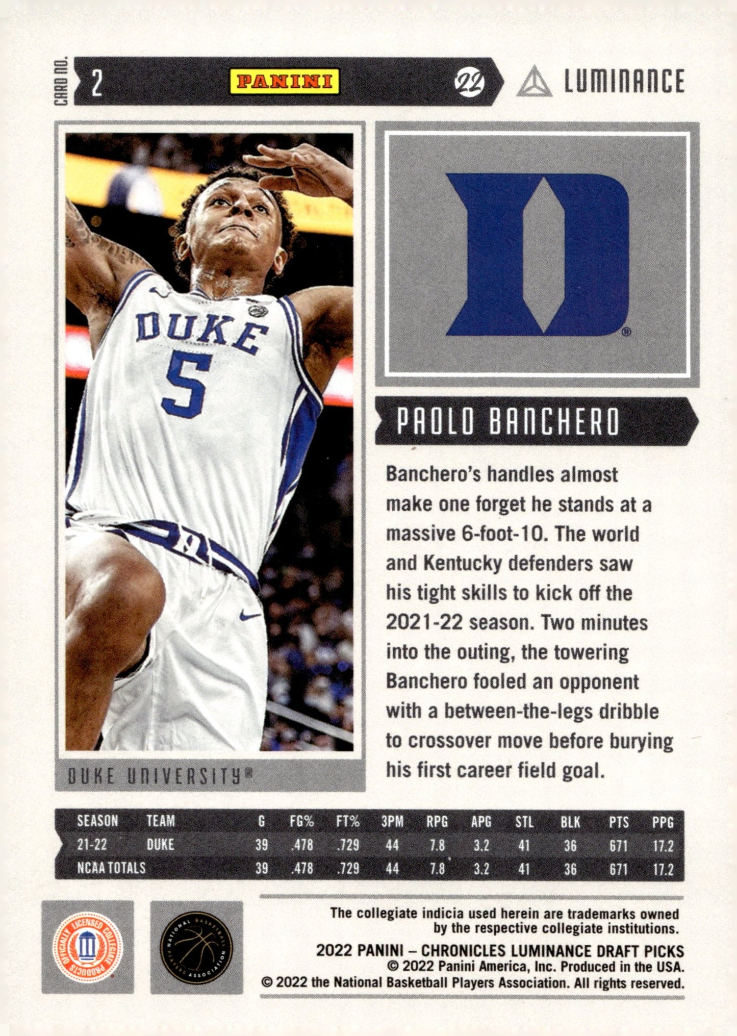 Paolo Banchero 2022 Panini Chronicles Luminance Draft Picks Pink RC #2 - Collector Store LLC