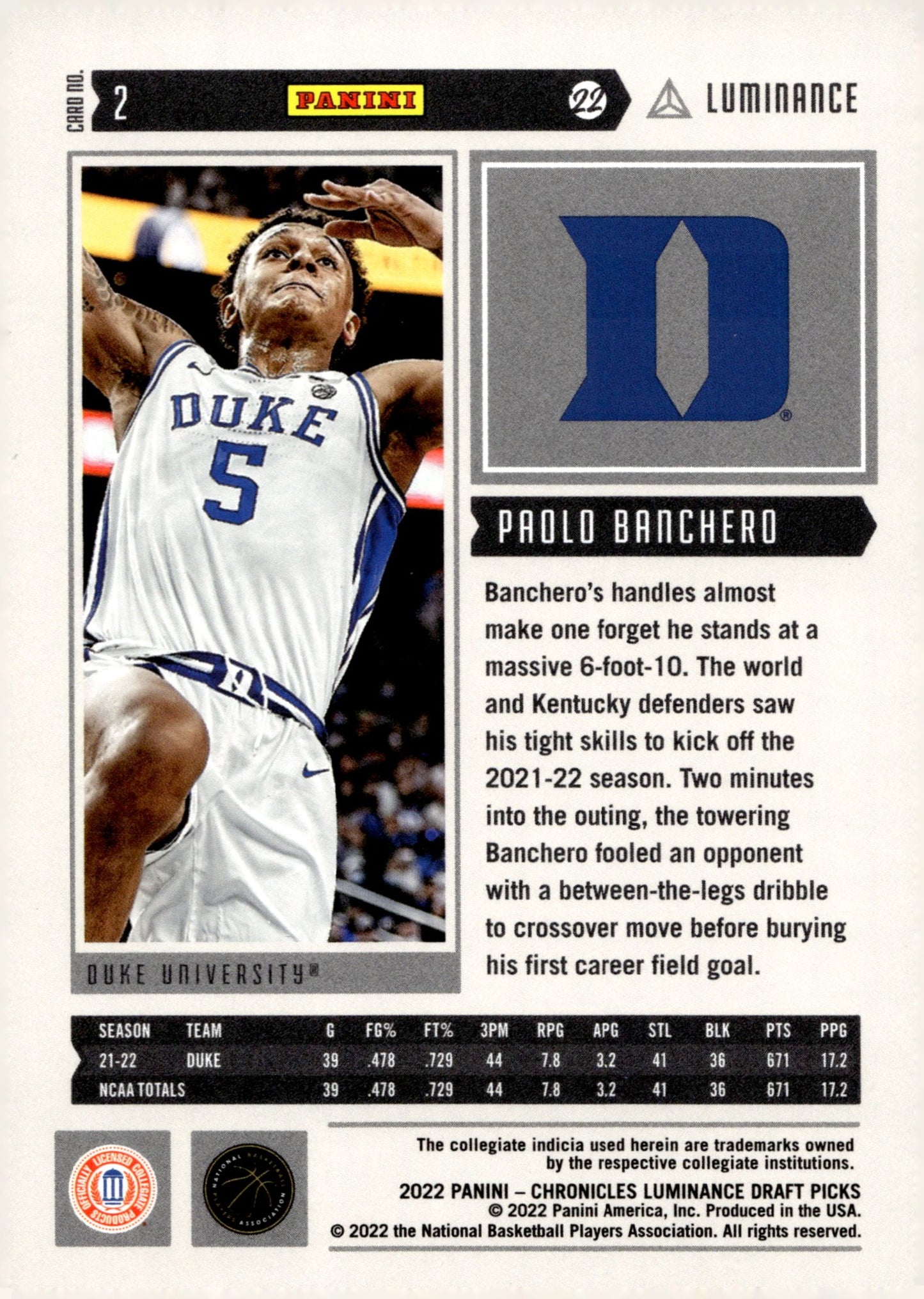 Paolo Banchero 2022 Panini Chronicles Luminance Draft Picks RC #2 #1 - Collector Store LLC
