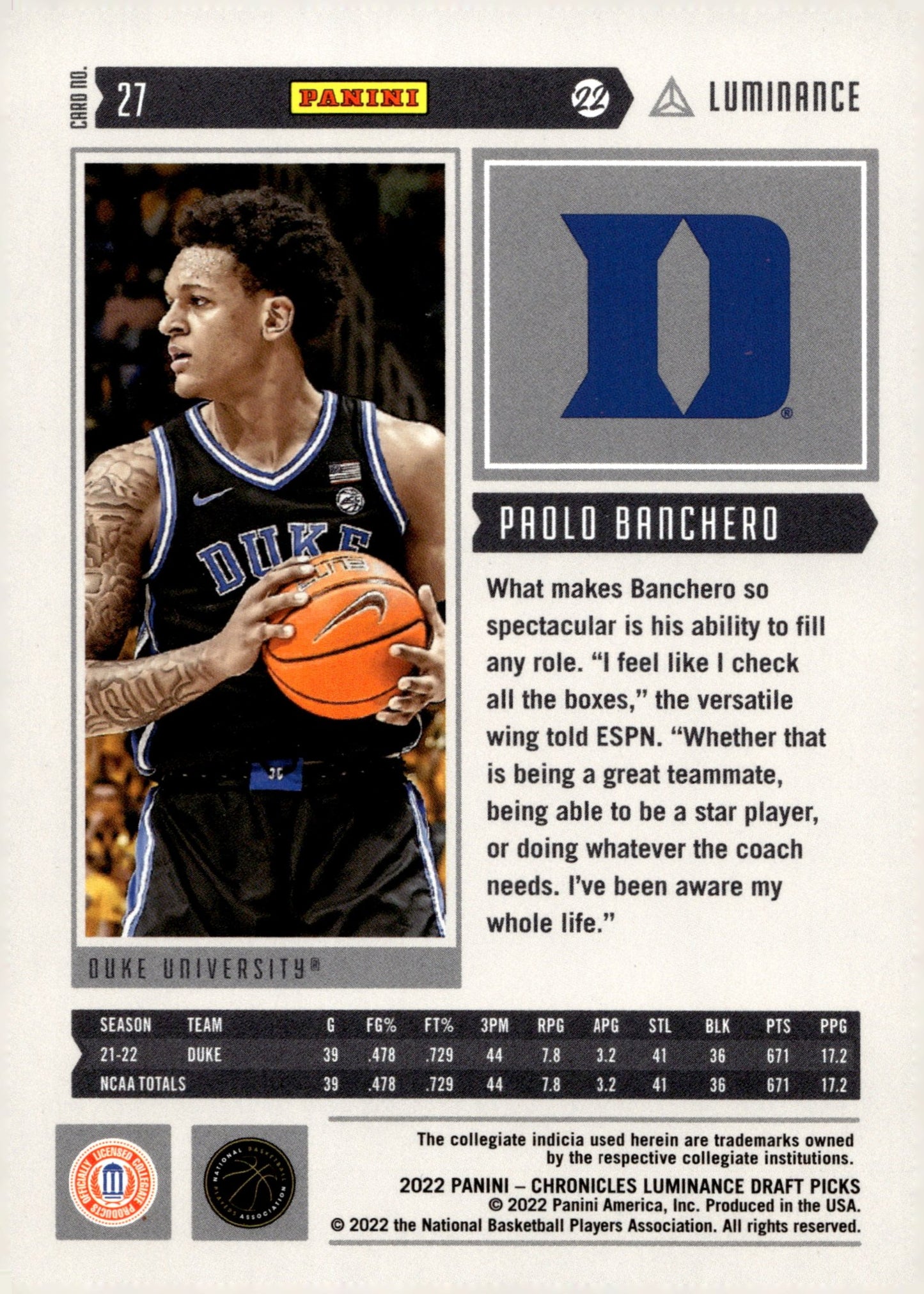 Paolo Banchero 2022 Panini Chronicles Luminance Draft Picks RC #27 #1 - Collector Store LLC