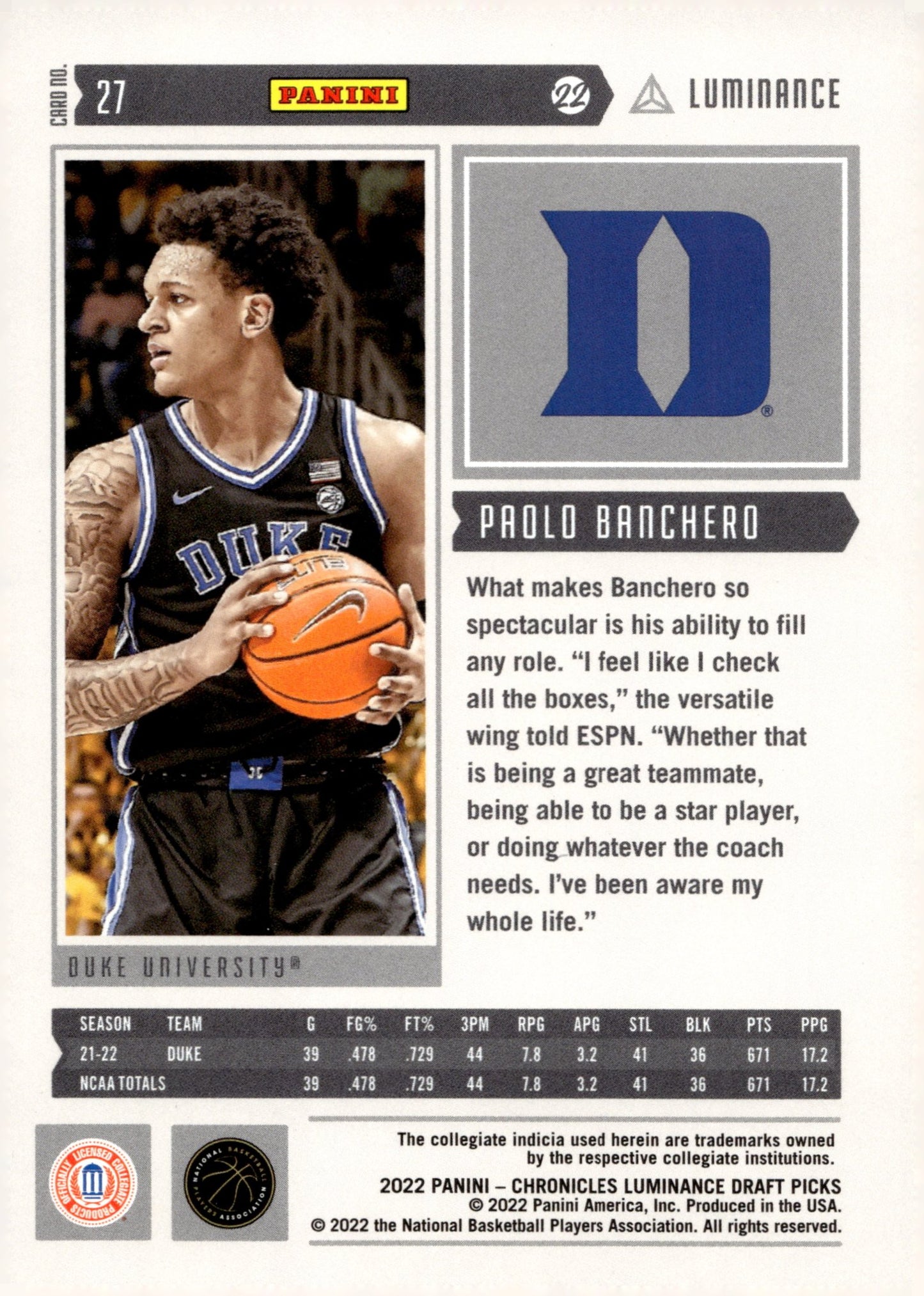 Paolo Banchero 2022 Panini Chronicles Luminance Draft Picks RC #27 #2 - Collector Store LLC