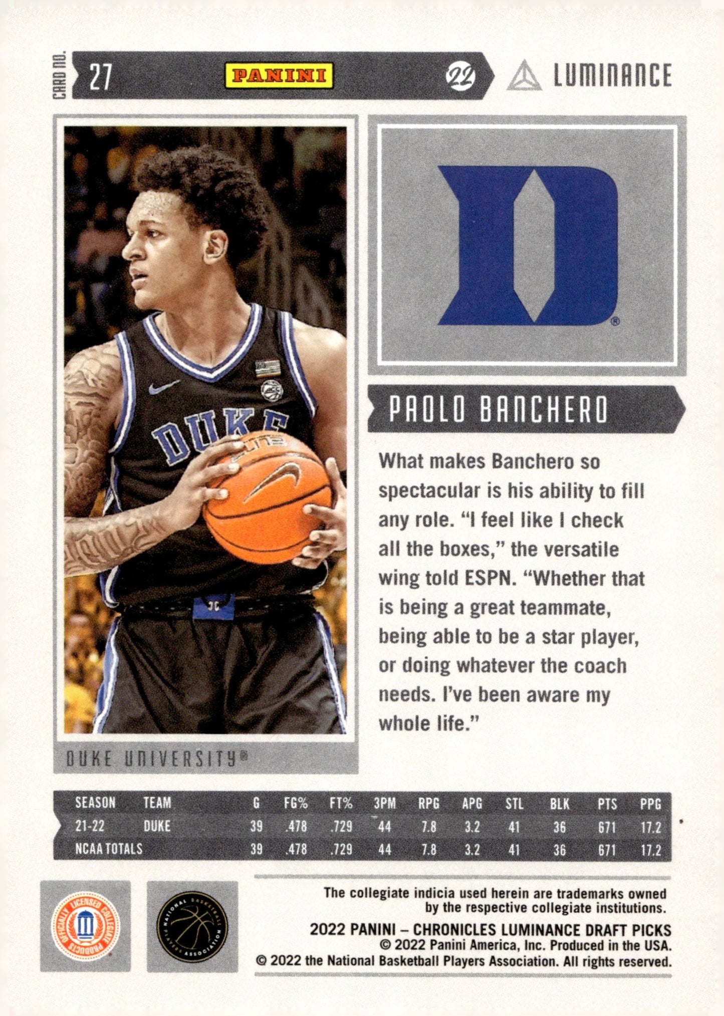 Paolo Banchero 2022 Panini Chronicles Luminance Draft Picks RC #27 #3 - Collector Store LLC