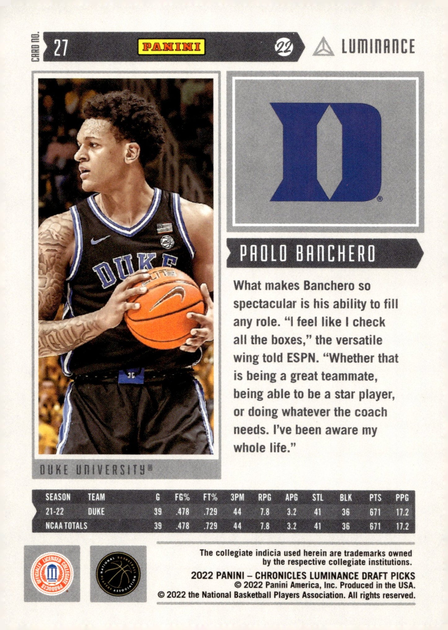 Paolo Banchero 2022 Panini Chronicles Luminance Draft Picks RC #27 #5 - Collector Store LLC