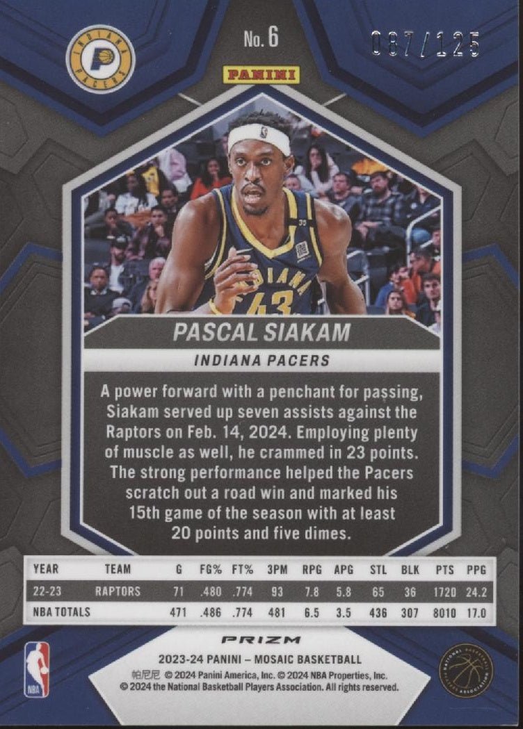 Pascal Siakam 2023 - 24 Panini Mosaic Blue Ice Prizm 087/125 #6 - Collector Store LLC